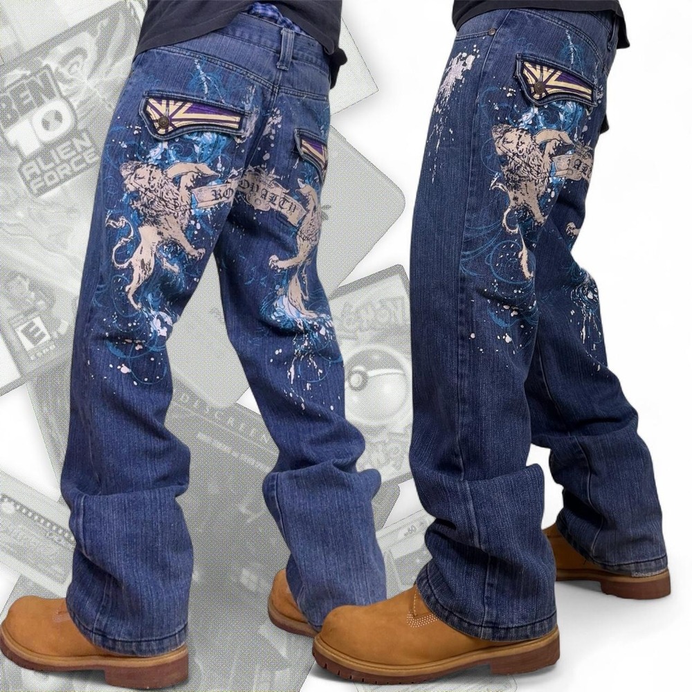 Vintage Raw Blue Graphic Baggy Wide Leg Skater Royalty Lion Jeans Blue 32x30